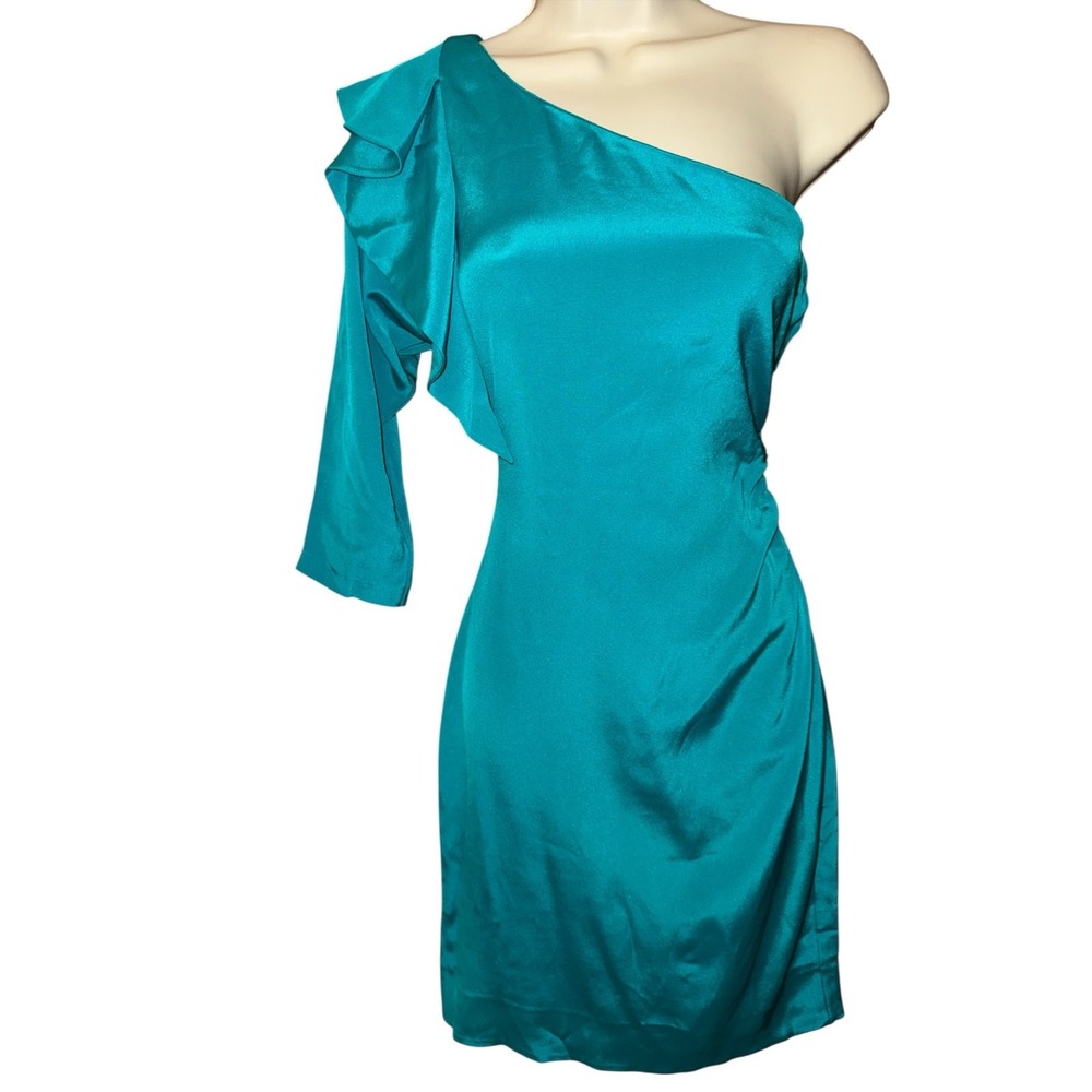 Diane von Furstenberg Dress | Teal Silk Blend | One Shoulder | Size S